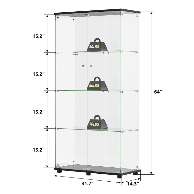 Romona Glass Display Cabinet, Curio Cabinet, Bookcase with 4 Shelf Double Door, Black