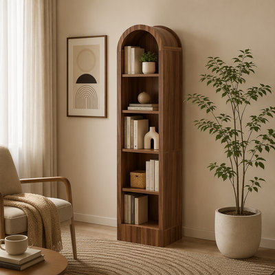 67"H Small Arched Bookcase, Mid Century Modern 5-Tier Arched Storage Bookcase with Open Display Storage Shelf for Dining Room, Living Room,Bedroom, Walnut