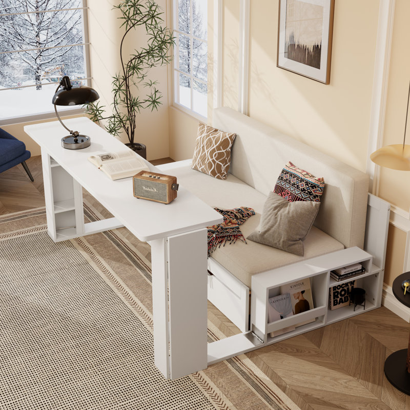 Lit de jour double avec bureau amovible, tiroirs de rangement et table d'appoint hydraulique, bleu, Simple, Blanc