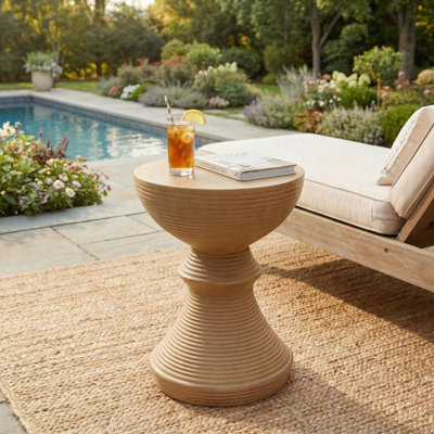 Ribbed Concrete Outdoor Side Table, Hourglass Accent End Table For Patio Garden, 16 Inch