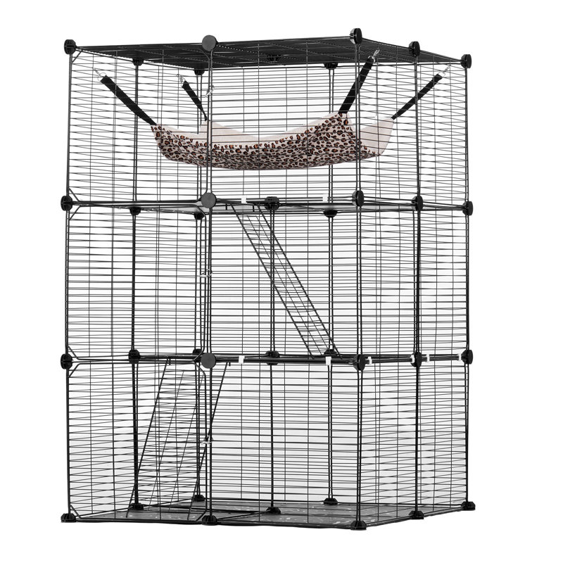 Grande cage à chat à 3 niveaux, 28 po x 28 po x 41 po, clôture pour chat durable en fil métallique détachable, avec grand hamac 2 échelles à rampe, convient pour les chats à l'intérieur et à l'extérieur, facile à assembler, noir