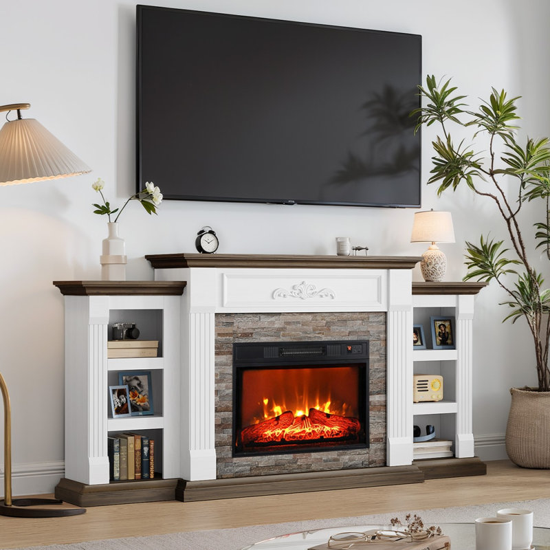 72" Electric Fireplace With Mantel, Fireplace Tv Stand For Tvs Up To 80 Inch, Entertainment Center With Storage, Realistic Stacked Stone Surround For Living Room