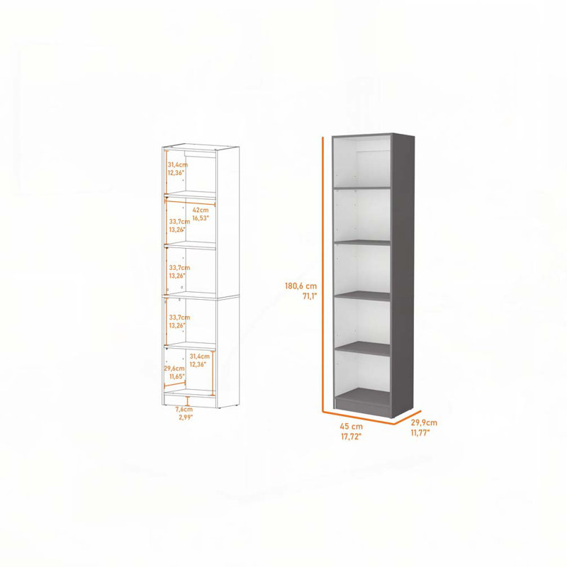 Bibliothèque mince à 5 tablettes Zachary, (5 tablettes) H 71,1 po x l 17,72 po x P 11,77 po, Gris / Blanc