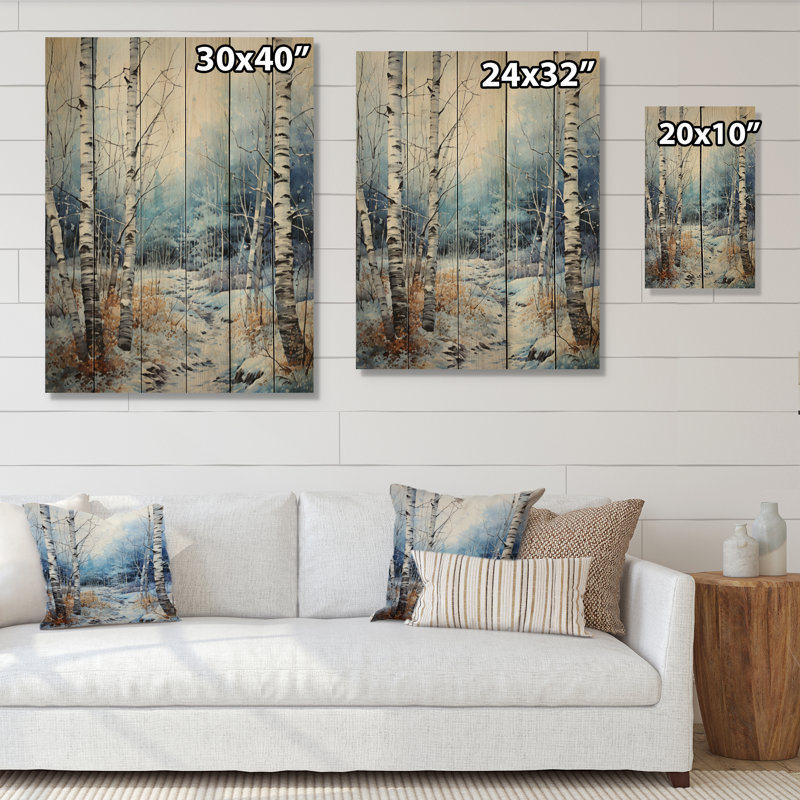 Birch Woods Winter Moonrise III sur impression sur bois, H 20 po x l 10 po x P 0,78 po