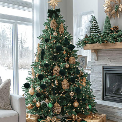 Ensemble de 42 décorations de Noël en velours 42 pièces - Décorations d'arbre en PVC vert émeraude foncé incassables avec boucles en velours pour les fêtes et les fêtes