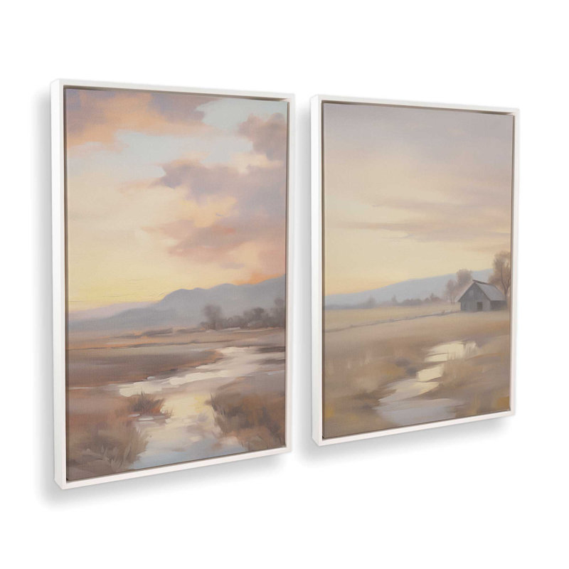 «Serene Sunset Over Fields», ensemble de 2, reproduction sur toile, Cadre blanc, H 18,75 po x l 12,75 po x P 1,75 po