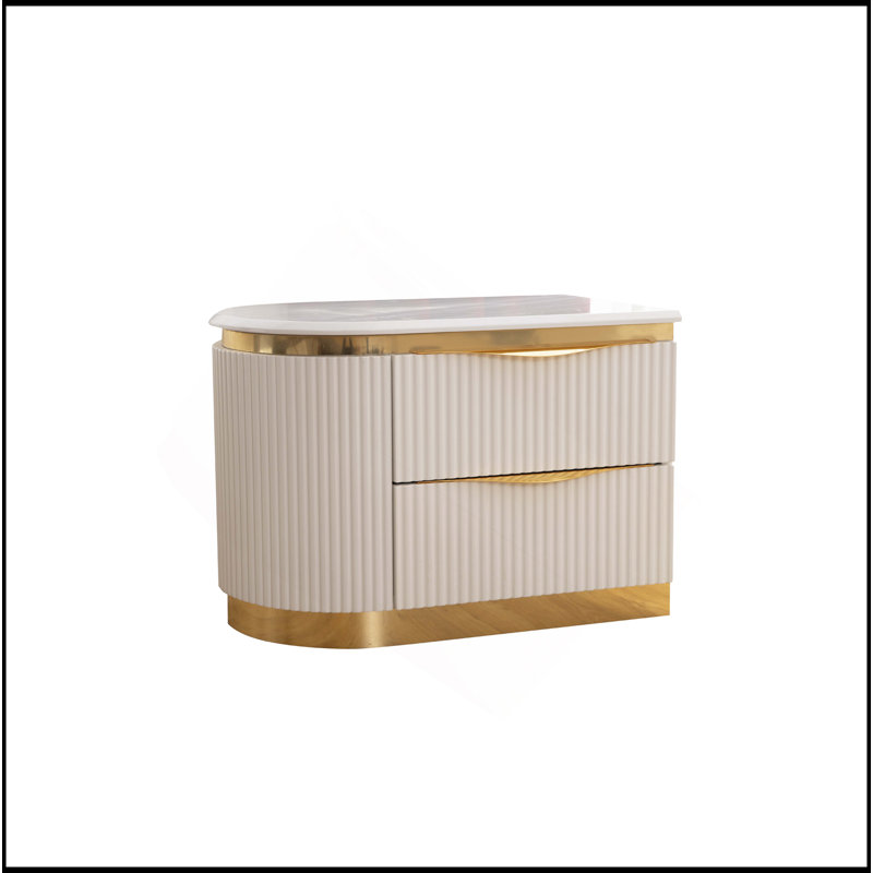 Table de chevet détaillée à 2 tiroirs à gauche en bois blanc, Blanc / argenté
