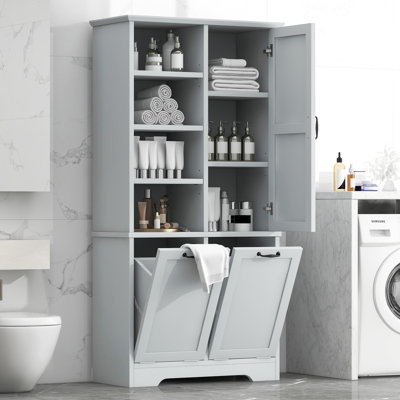 Bathroom Storage Cabinet With Doors And Drawers, Tilt-Out Laundry Hamper, Multiple Storage Space, Freestanding Style, Open Shelve, Adjustable Shelf