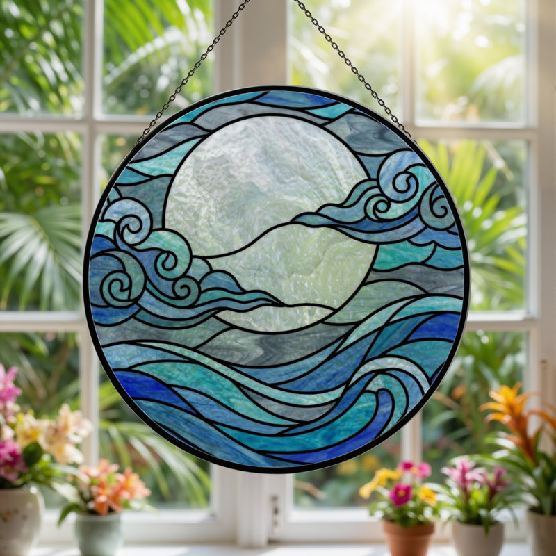 Panneau de vitrail 12 "H Moon Waves, H 12 po x l 12 po