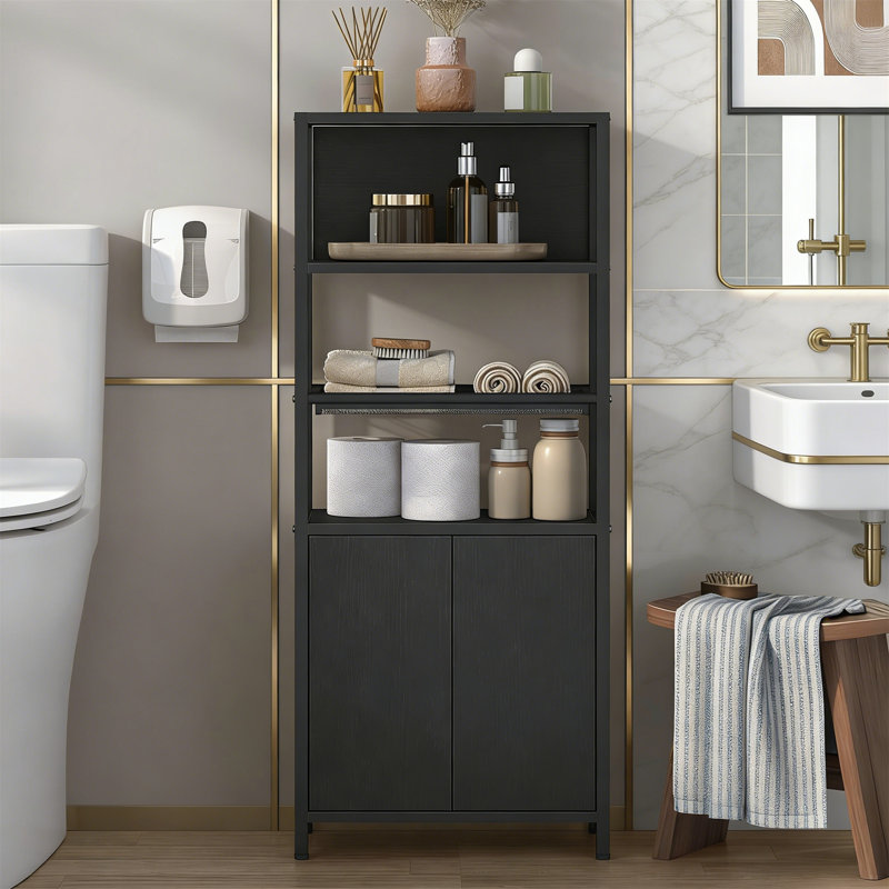 Bathroom Floor Cabinet With Doors, Open Adjustable Shelf, Ventilated Metal Grid, Freestanding - White
