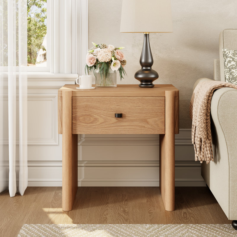 Eakins Modern Wooden Nightstand with Smooth-Glide Drawer, Natural Oak