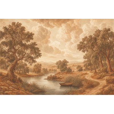 Papier peint sépia paysage campagne pastorale rivière et roseaux
