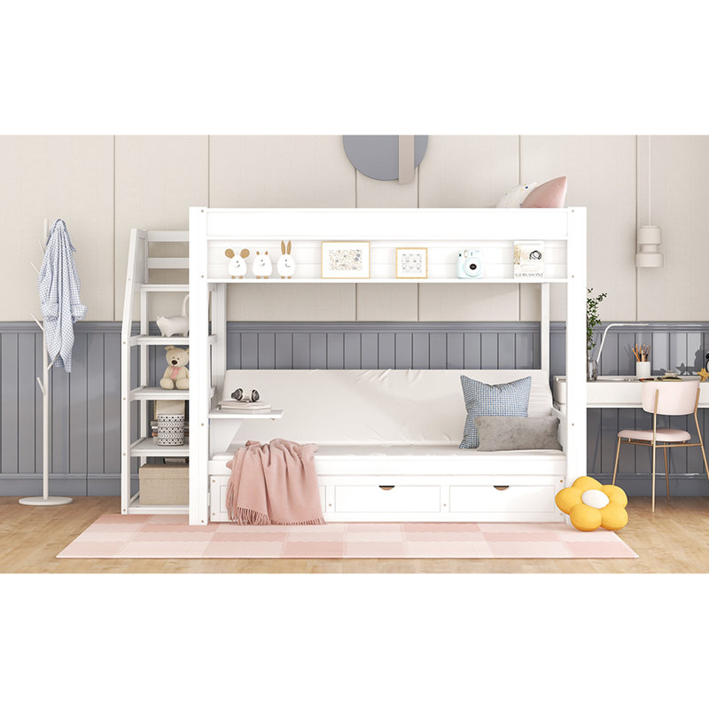 Lit superposé convertible gris pleine grandeur avec rangement, escalier, table de chevet et 3 tiroirs couleur bois, rangement 3 commodes