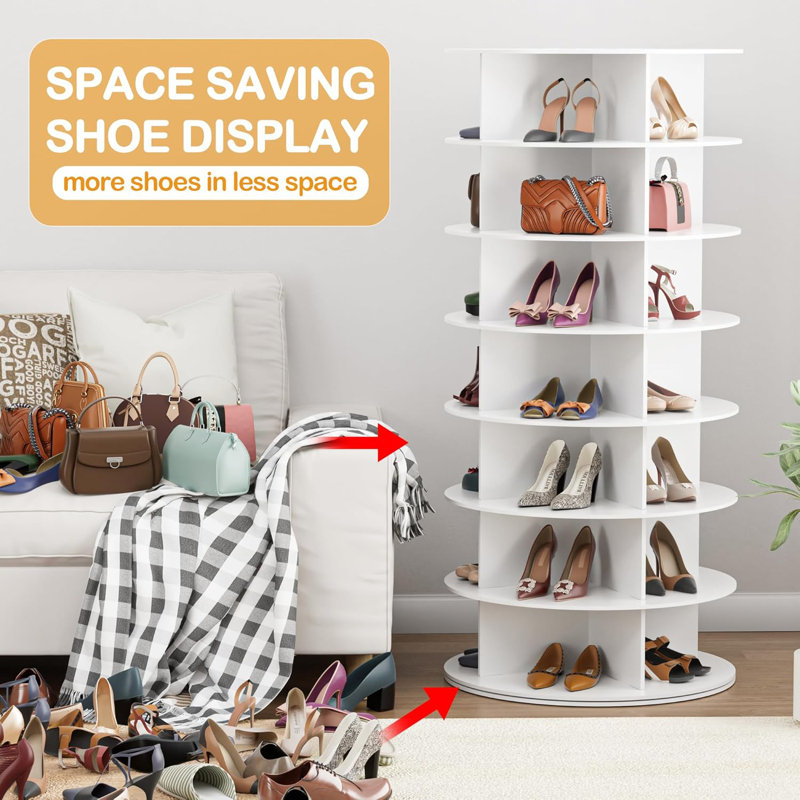 Wood Rotating Shoe Rack Tower 7 Tier Organizer, Vertical Spinning Shoe Display Lazy Susan, Revolving 360 White Shoe Rack Storage