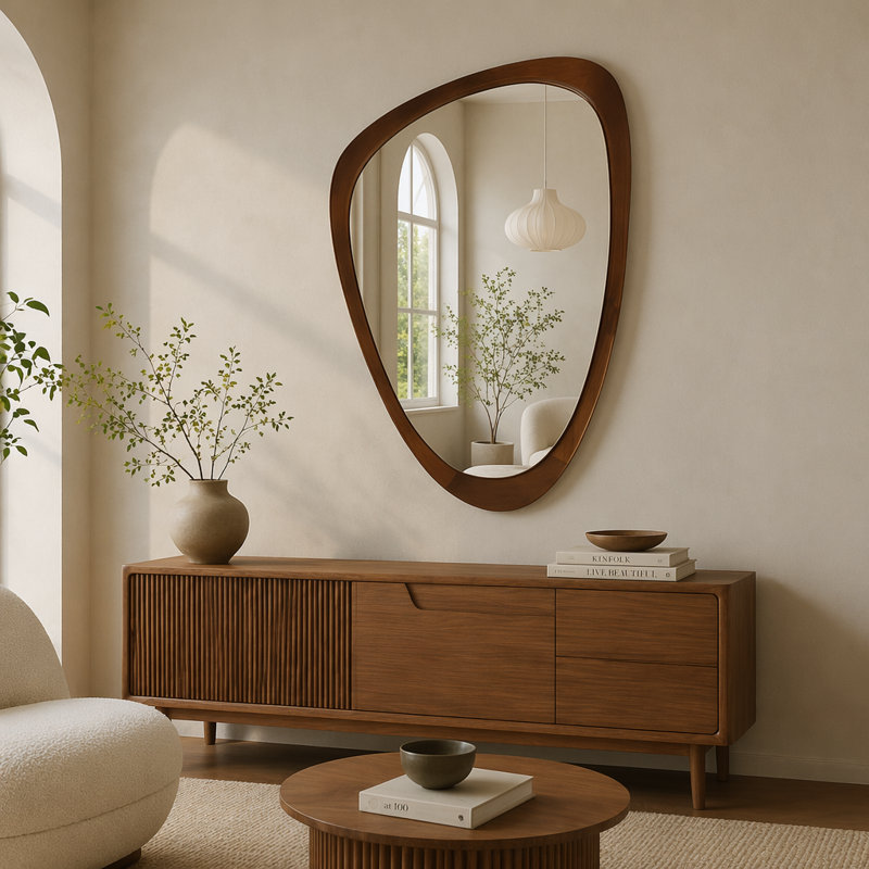 24"x36" Irregular Solid Wood Frame Decorative Mirror, Dark Walnut