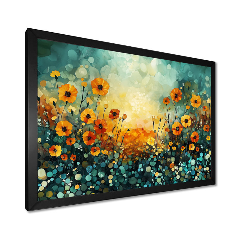 Coucher de soleil, souci, champ de couches émeraude I - souci, décoration murale, Reproduction encadrée d'une seule photo