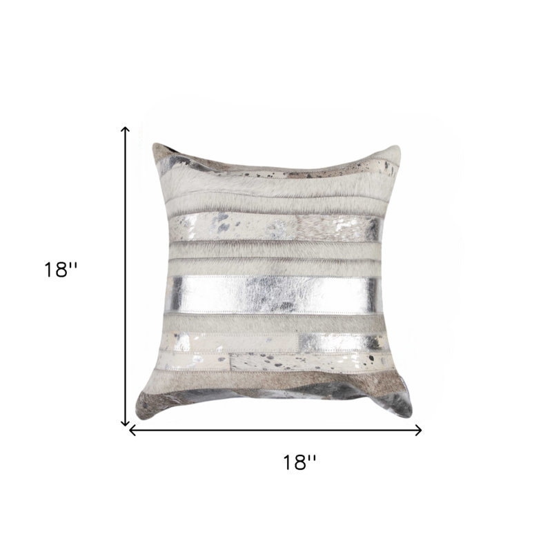 18" Abstract Cowhide Throw Pillow, Gray Silver