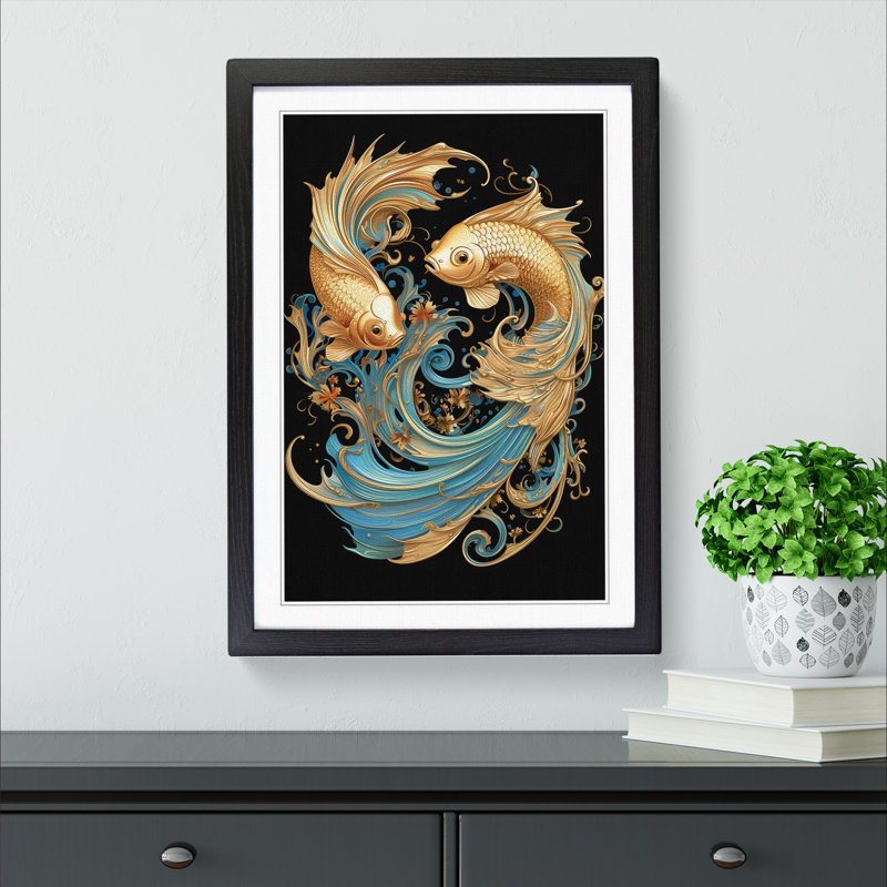 Siamese Fighting Fish Nouveau - Framed Print, Black, 64cm H x 46cm W x 2cm D