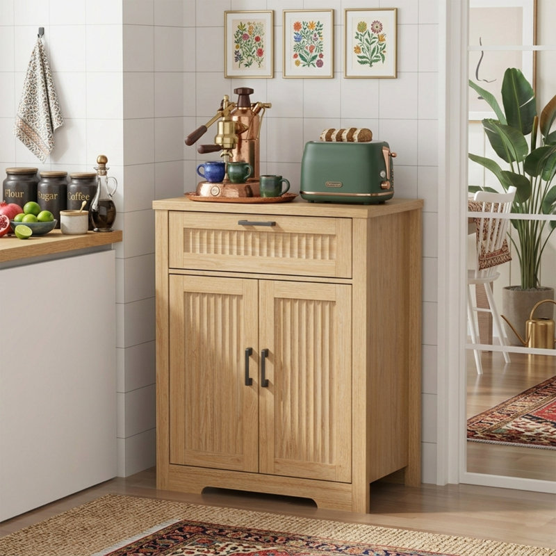 25" Fluted Sideboard Cabinet With Storage Drawer - Natural Oak Coffee Bar Table With Adjustable Shelf - Small Farmhouse Buffet Cabinet For Entryway