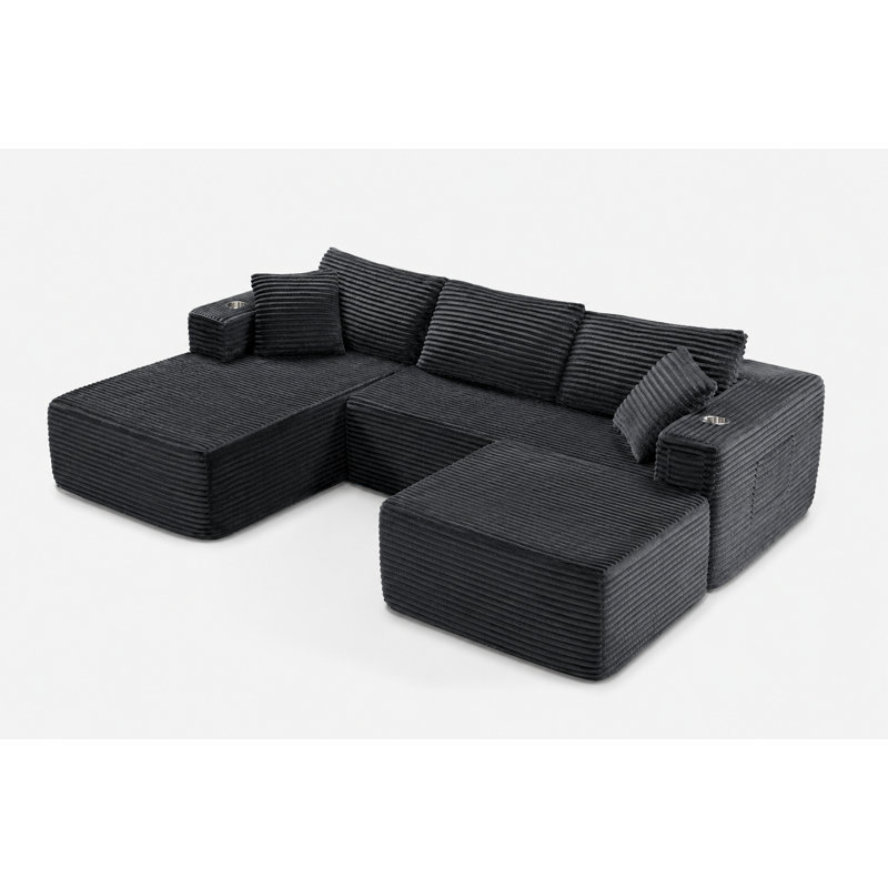 108" Left Hand Facing Corner Sectional With Chaise And Ottoman Corduroy Upholstered Boneless Compression L-Shaped Sofa