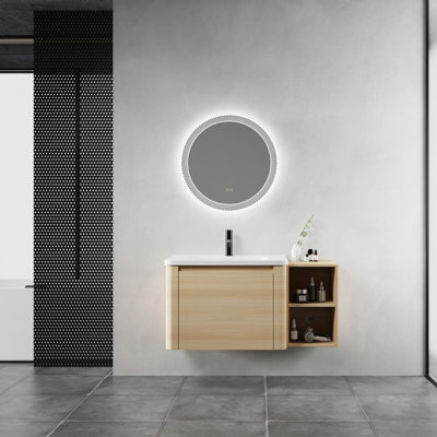 Meuble-lavabo mural avec lavabo en céramique blanche et tablettes de rangement