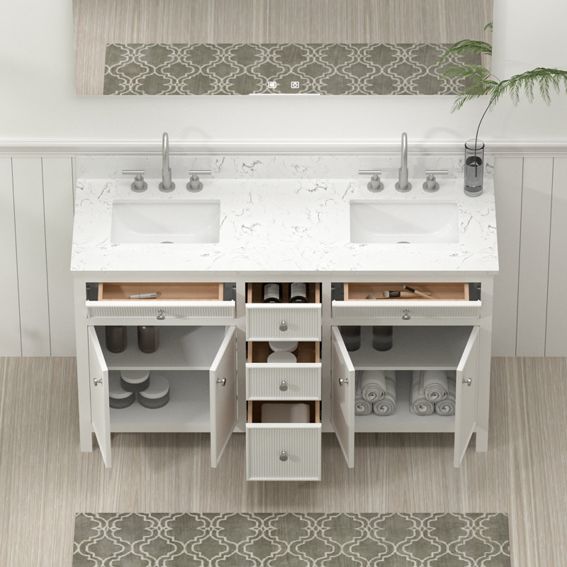 Meuble-lavabo double 60 po en bois massif avec plateau, 60"