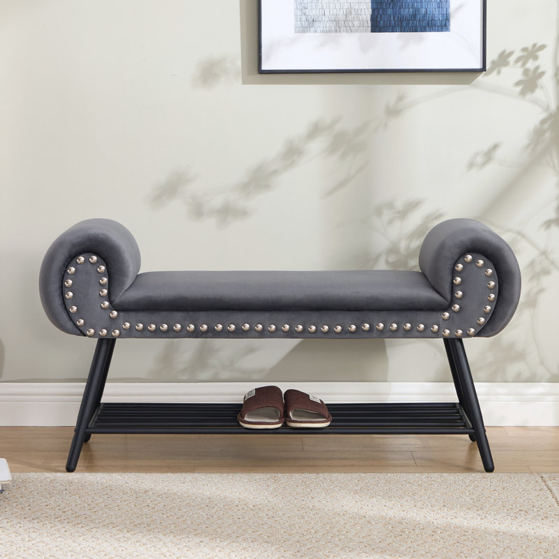 Banc de rangement rembourré l 45 po avec range-chaussures, Gris