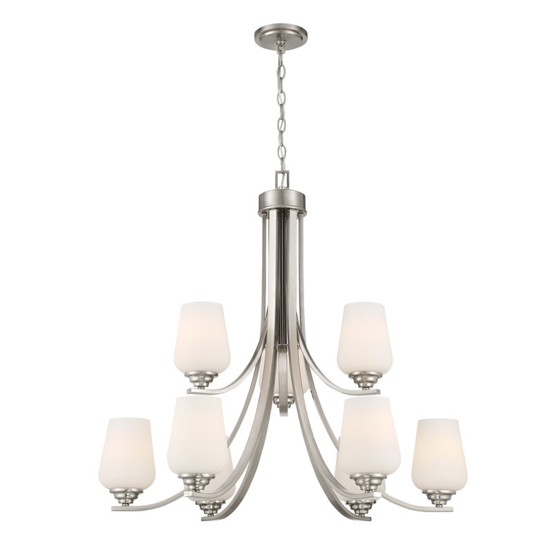 Lustre classique à 9 lumières Arbra, Nickel brossé, Blanc