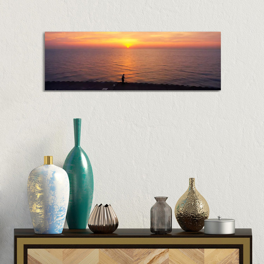 Sunset Over A Lake, Lake Michigan, Chicago, Cook County, Illinois, USA - Wrapped Canvas Panoramic Print