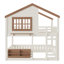 Lit superposé double pleine grandeur avec bibliothèque, style loft, structure de style chalet avec fenêtres, rails de sécurité pour chambre d'enfant, beige et naturel
