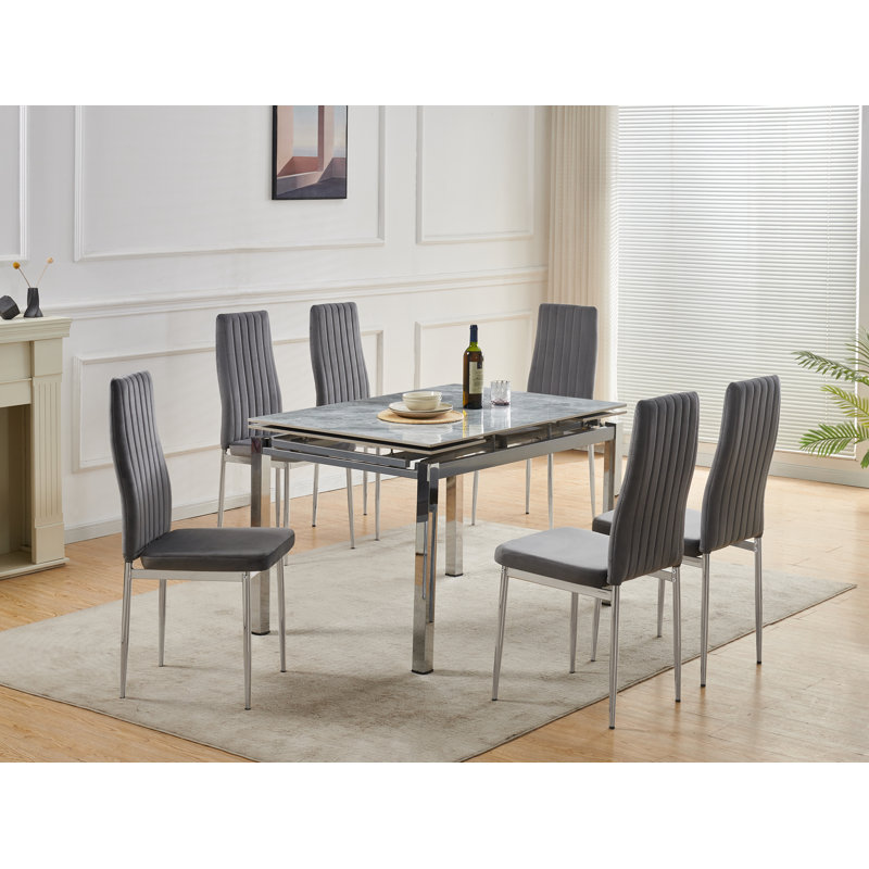 Grande Grey Sintered Stone Extending Dining Table with 6 Monza Grey Velvet Chairs