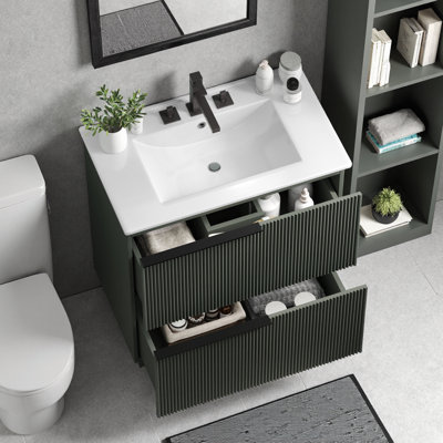 Meuble-lavabo cannelé blanc avec lavabo en céramique, tiroirs à fermeture en douceur et style américain