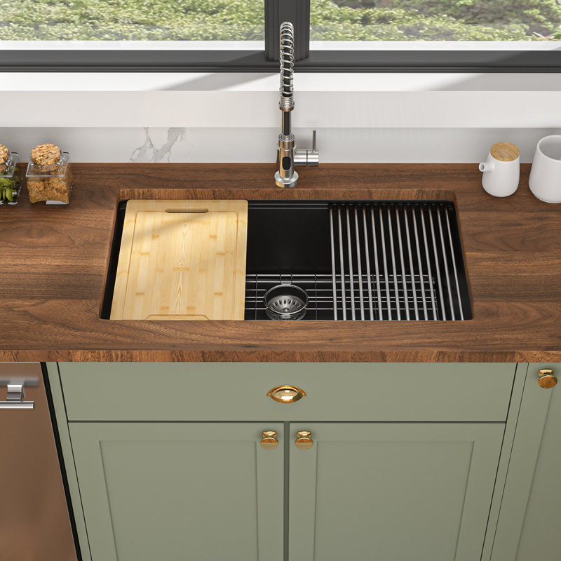 Quartz Granite Composite Kitchen Sink Workstation Undermount Single Bowl Kitchen Sink with Bottom Grid,Cutting Board