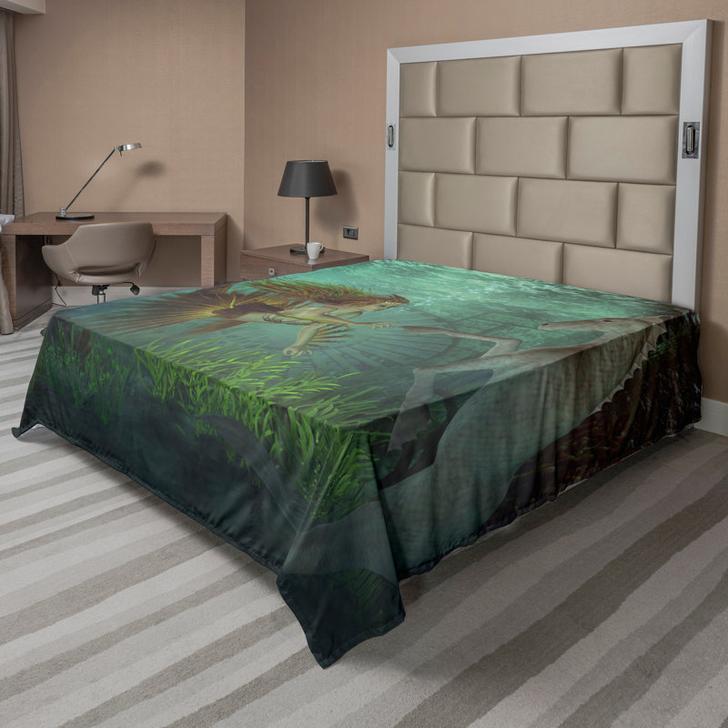 Ambesonne Turquoise Top Flat Sheet Mermaid with Seahorse Amber Green Aqua, King