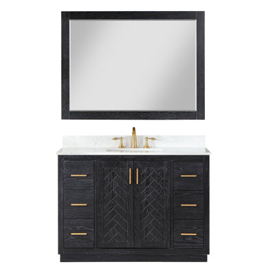 Gazsi 48"" Single Bathroom Vanity Set In Black Oak With Grain White Composite Stone Countertop With Mirror -  Everly Quinn, 44D9BE1AD32142ED91F1A9FD107ECA88