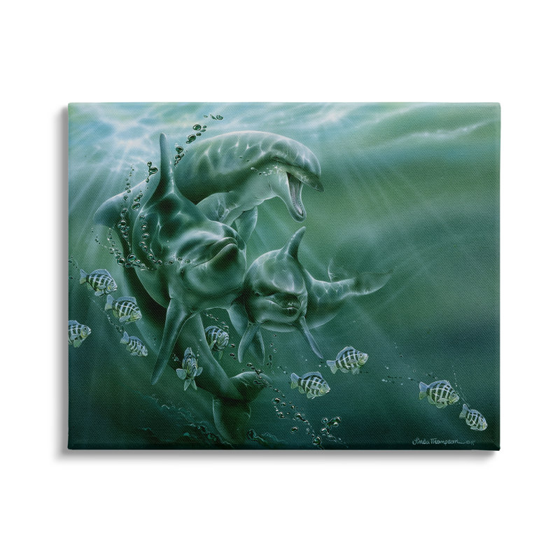 «Underwater Dolphins and Fish» par Linda Thompson - peinture sur toile tendue, H 30 po x l 40 po x P 1,5 po