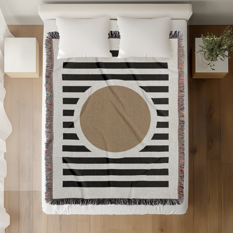 Jeté de lit rond en mélange de coton, L 70 po x l 50 po, Beige / noir / blanc cassé