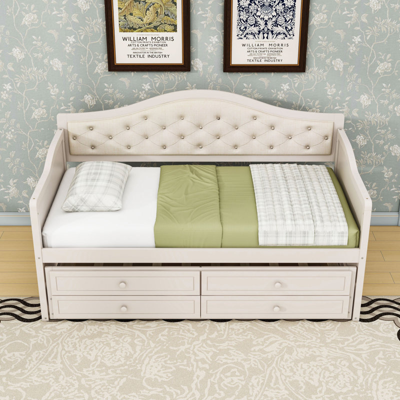 Twin Two Drawers Wooden Daybed with Trundle and Upholstered Backrest, Beige