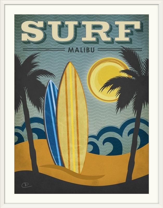 « surf malibu », reproduction d’impression pulve, l 44 po x P 35 po x H 1 po, Cadre blanc