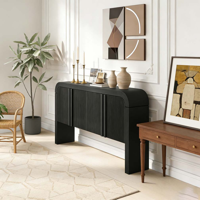 Console 63 pouces à motif de vagues avec 4 portes et tablette réglable, Noir