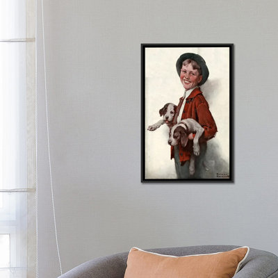 «Boy with Puppies», peinture sur toile tendue