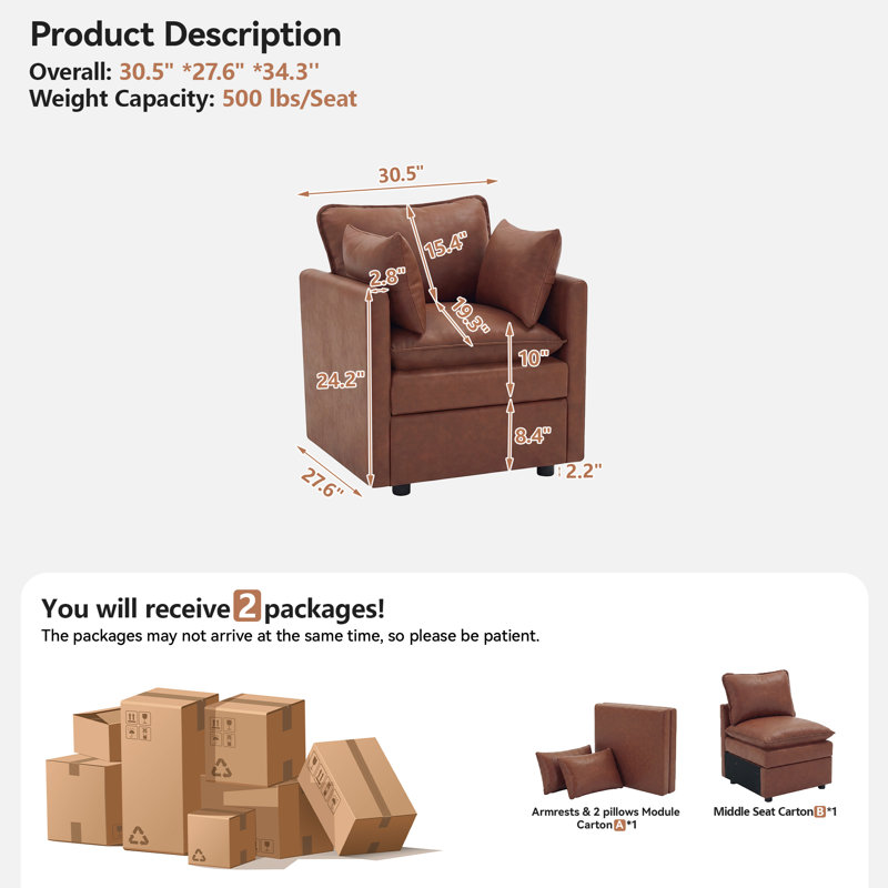 Chaise d'appoint avec rangement, fauteuil rembourré en similicuir avec coussins, Pu-brown