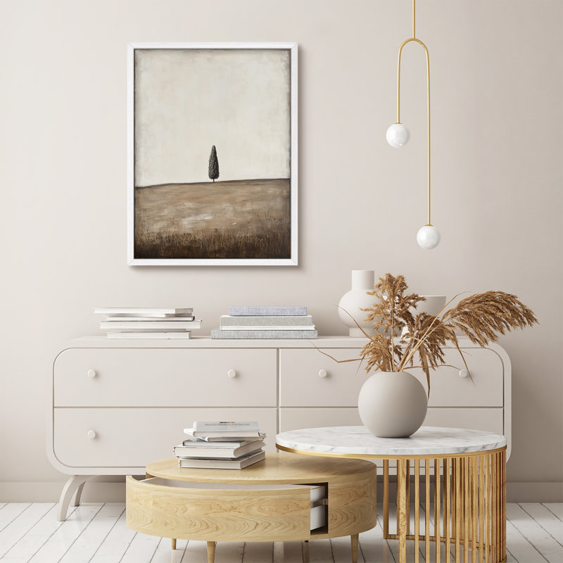 Art mural encadré arbre minimal dans un champ, impression de paysage moderne aux tons neutres pour un décor minimaliste ou scandinave