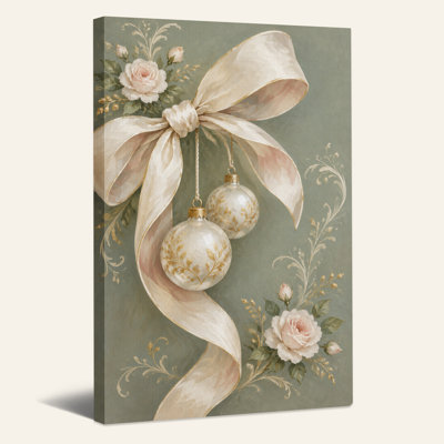 Toile de Noël crème avec rubans or et roses roses