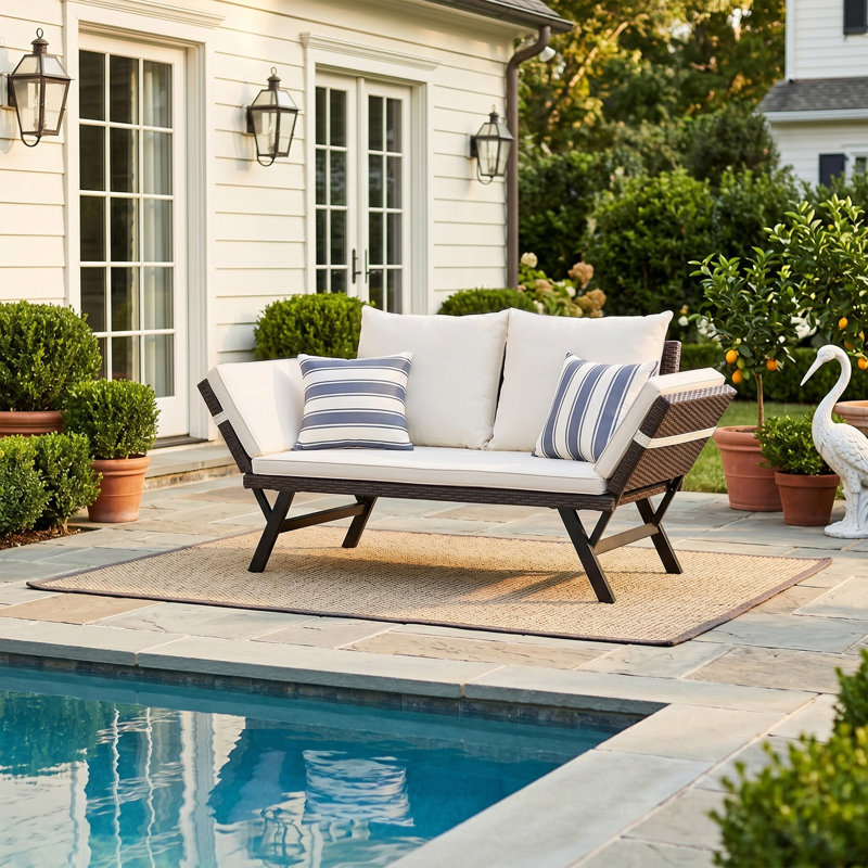 Hoag 70'' Wide Straight Wicker Patio Daybed with Cushions, Beige