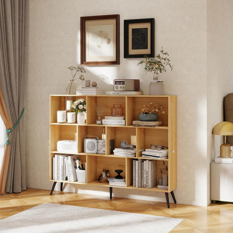 Wooden 3-Tier 10-Cube Bookshelf with 5 Iron Legs, Freestanding Storage Organizer for Living Room, Office, Bedroom