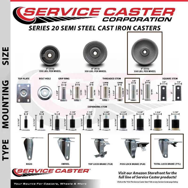 5 Inch Semi Steel Swivel 5/8 Inch Threaded Stem Caster Set with Total Lock Brake