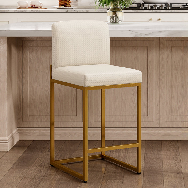 Tabouret de comptoir de cuisine moderne de 24 po avec base luge en métal doré et similicuir tissé blanc cassé (ensemble de 2)