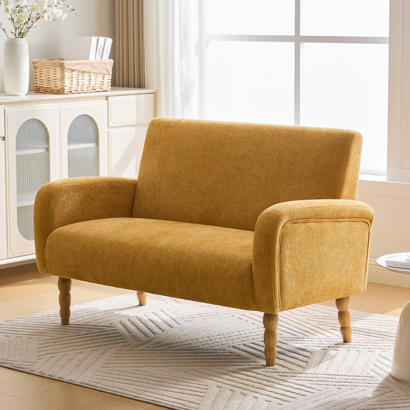 Small 2 Seater Sofa With Solid Rubberwood, Mid Century Modern Fabric Loveseat Sofa for Living Room Bedroom Office, Yellow