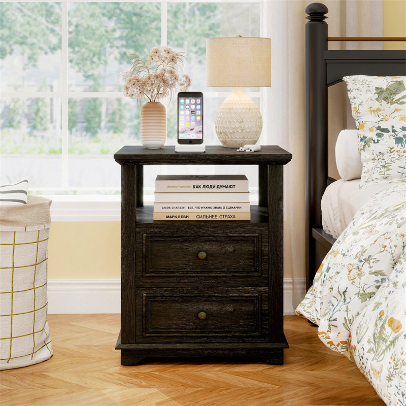 18"Farmhouse Wood Nightstand Set Of 2 With Charging Station, Drawers & Open Shelf - Modern Bedside End Table For Bedroom/Living Room
